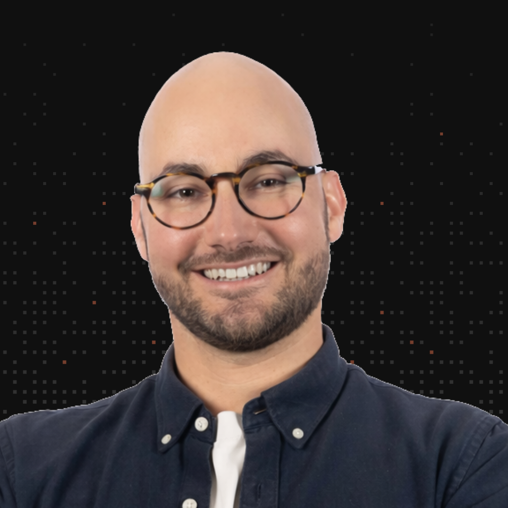 Miguel Cordero Collar, in colour, against a dark pixel background
